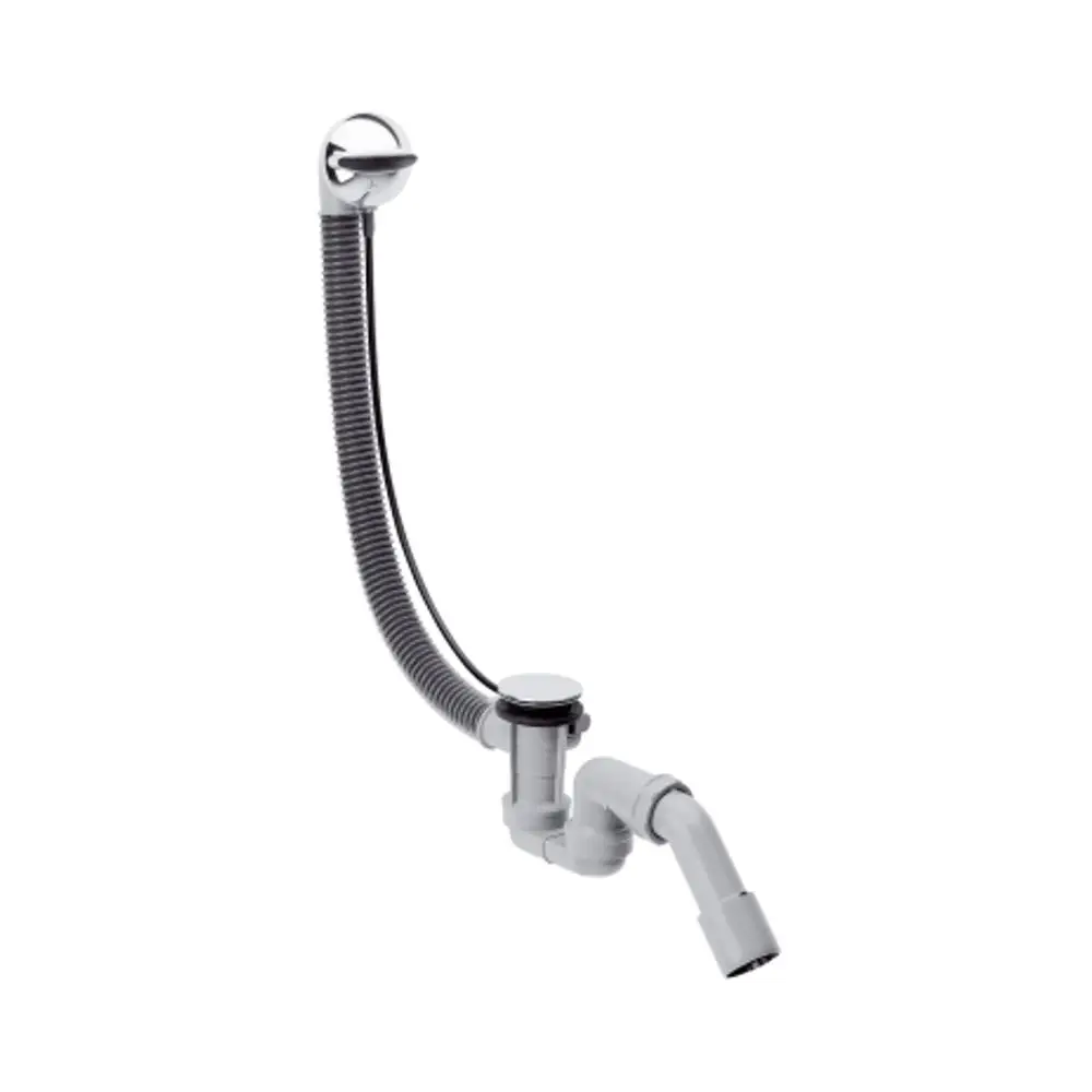 Hansgrohe Flexaplus Komplettset für Badewannenabfluss und Überlauf mit flexibler Verbindung, integriertem Ablauf und verchromtem Finish, an Wand montiert.